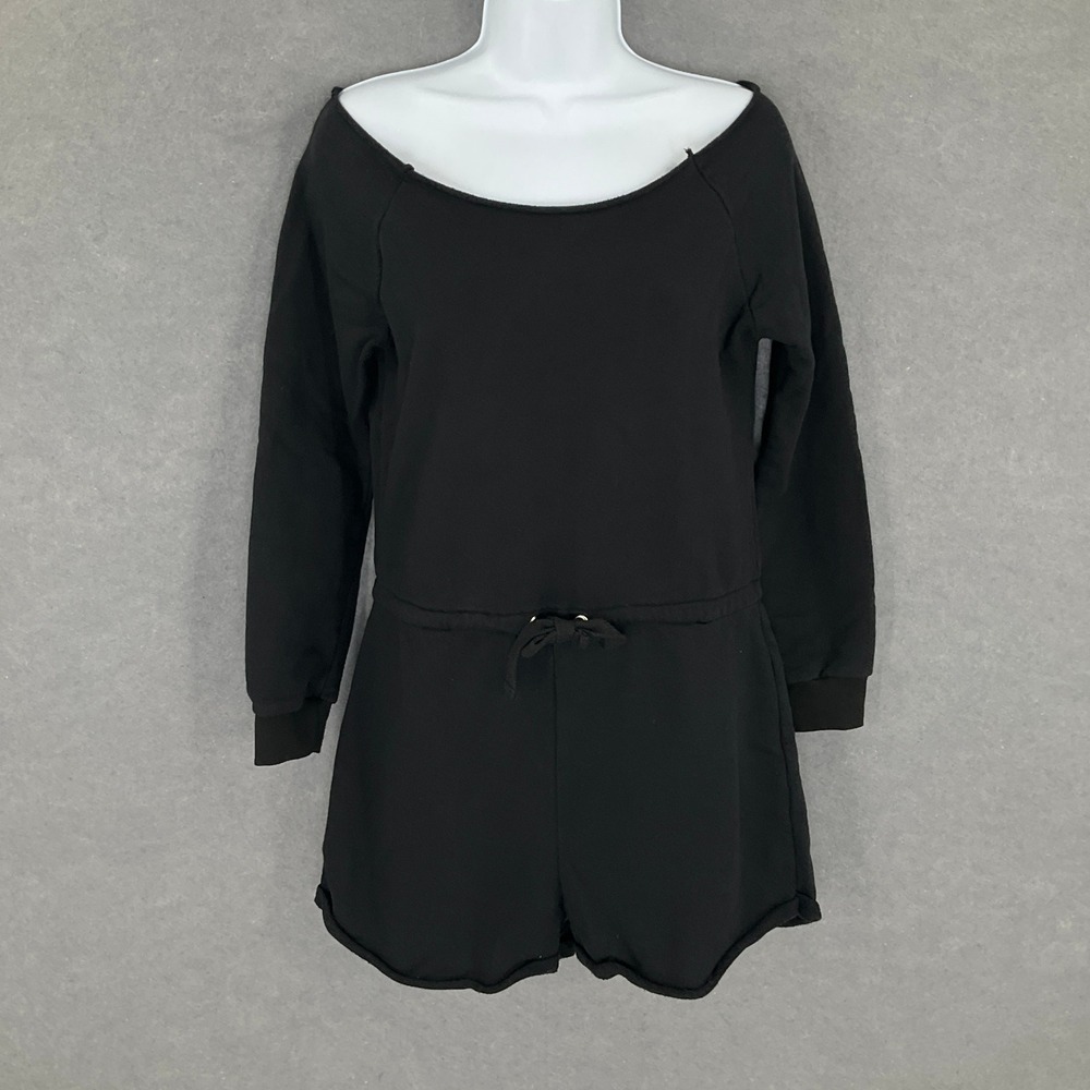 Romper Womens Sz S Black Boat Neckline Drawstring Waist Terry Cloth Athleisure